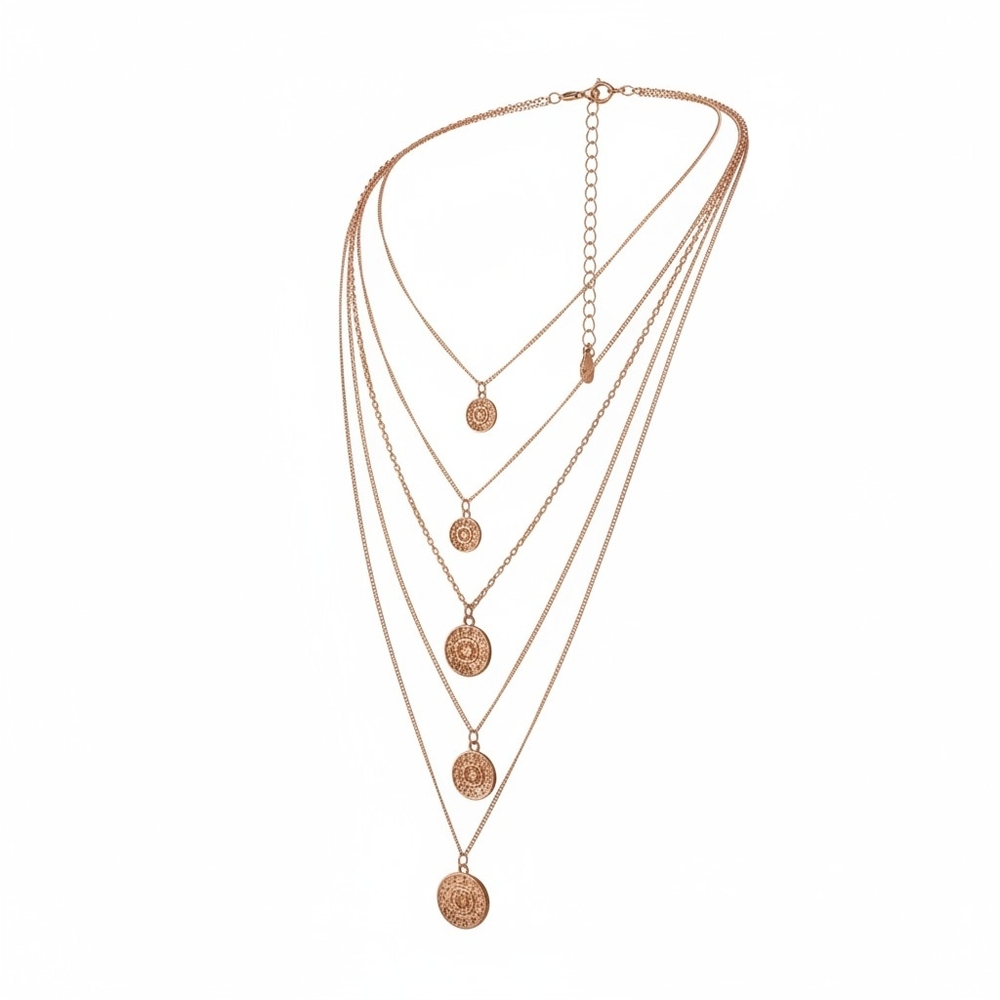 Copper Tone Layered Coin Pendant Necklace